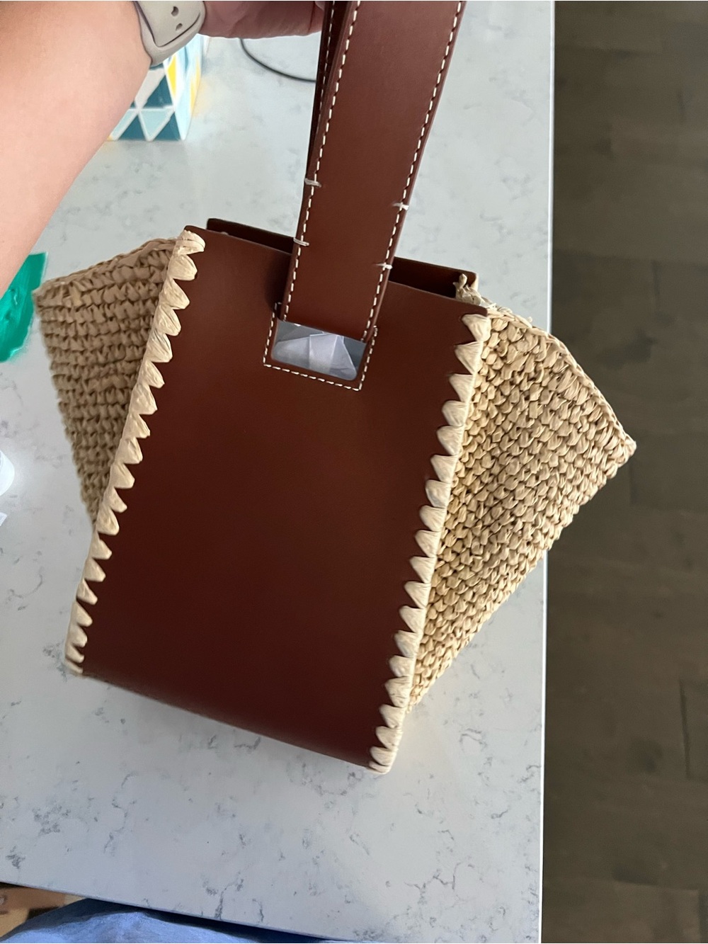 J. Crew Brown Leather & Natural Woven Mini Tote NWT